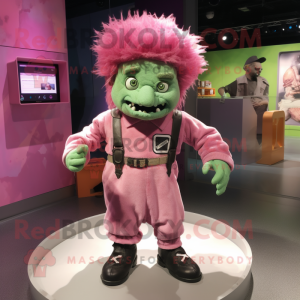 Pink Frankenstein'S Monster mascot costume character dressed with a T-Shirt and Cummerbunds