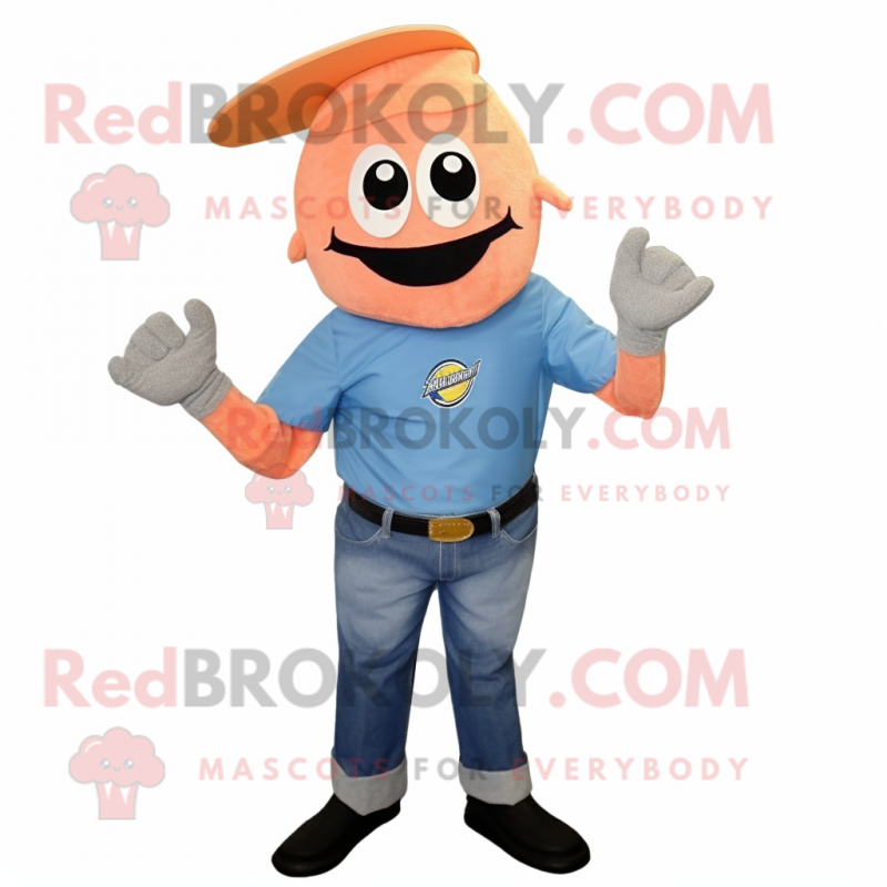 Peach Ninja mascot costume character dressed with a Chambray Shirt and Hat pins