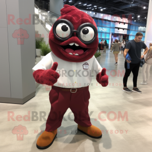 Maroon Piranha mascot costume character dressed with a Dress Shirt and Eyeglasses