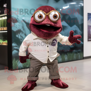 Maroon Piranha mascot costume character dressed with a Dress Shirt and Eyeglasses