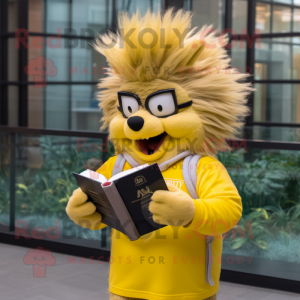 Yellow Porcupine mascot costume character dressed with a V-Neck Tee and Reading glasses