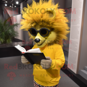 Yellow Porcupine mascot costume character dressed with a V-Neck Tee and Reading glasses