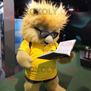 Yellow Porcupine mascot costume character dressed with a V-Neck Tee and Reading glasses