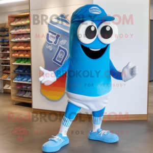 Blue Pho mascot costume character dressed with a Board Shorts and Shoe laces