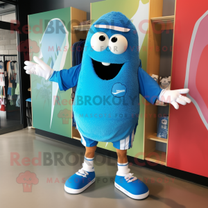 Blue Pho mascot costume character dressed with a Board Shorts and Shoe laces