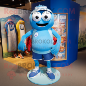 Blue Pho mascot costume character dressed with a Board Shorts and Shoe laces