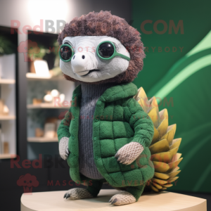 Forest Green Pangolin mascot costume character dressed with a Sweater and Eyeglasses