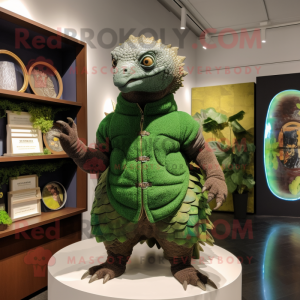 Forest Green Pangolin mascot costume character dressed with a Sweater and Eyeglasses