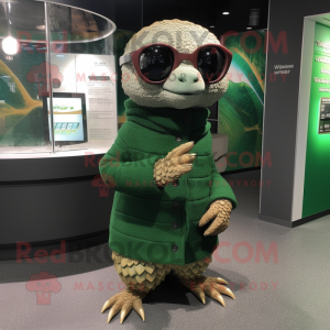 Forest Green Pangolin mascot costume character dressed with a Sweater and Eyeglasses