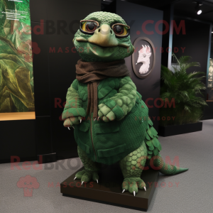 Forest Green Pangolin mascot costume character dressed with a Sweater and Eyeglasses