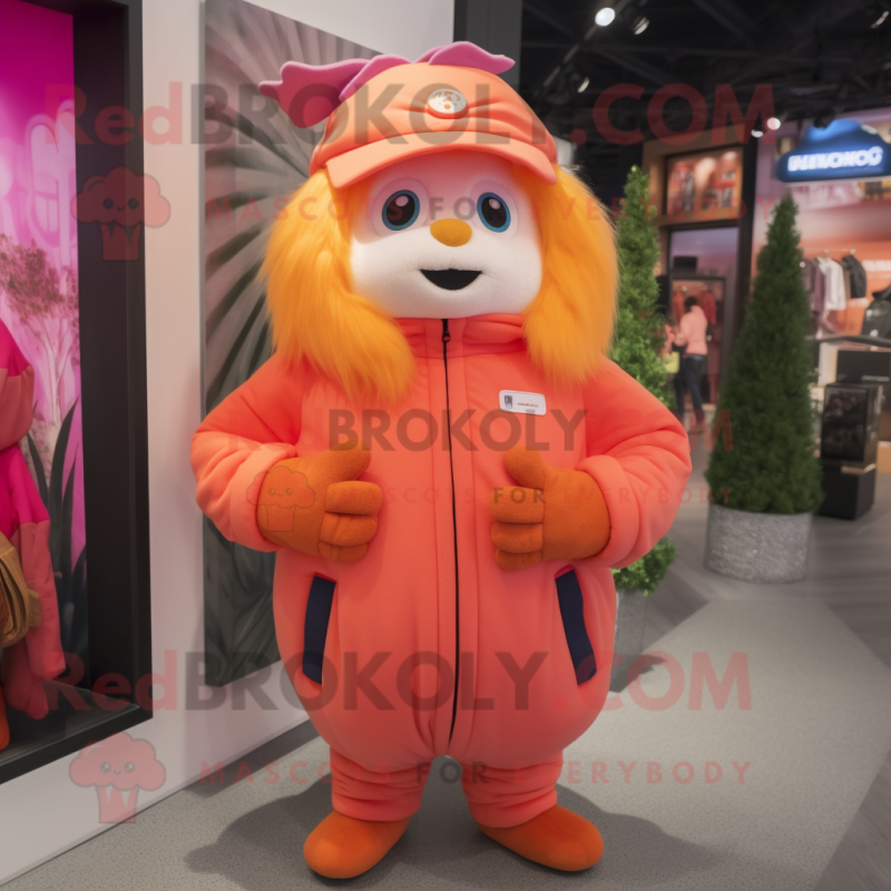 Pink Orange mascot costume character dressed with a Parka and Hats Pink Orange mascot costume character dressed with a Parka and Hats