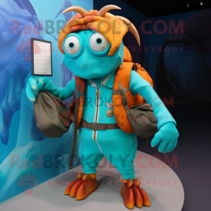 Turquoise Hermit Crab mascot costume character dressed with a Vest and Messenger bags