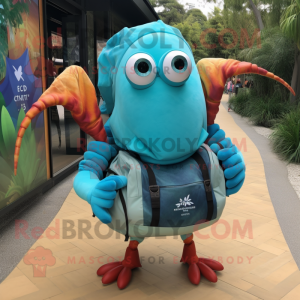 Turquoise Hermit Crab mascot costume character dressed with a Vest and Messenger bags