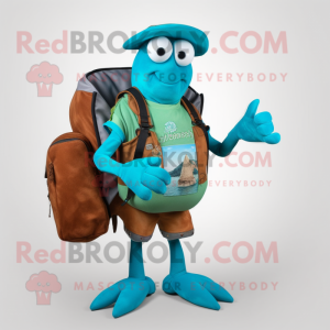 Turquoise Hermit Crab mascot costume character dressed with a Vest and Messenger bags