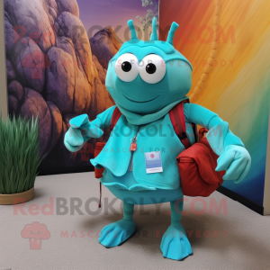 Turquoise Hermit Crab mascot costume character dressed with a Vest and Messenger bags