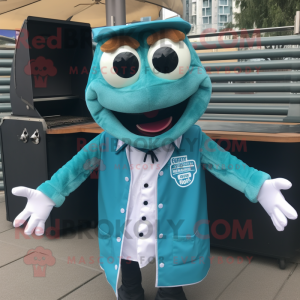 Teal Bbq Ribs mascot costume character dressed with a Jacket and Cufflinks