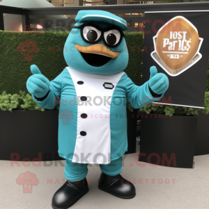 Teal Bbq Ribs mascot costume character dressed with a Jacket and Cufflinks