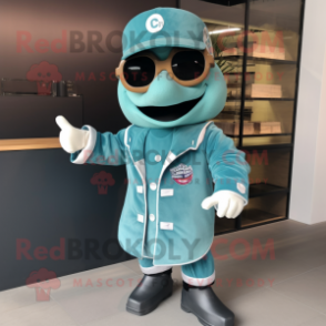 Teal Bbq Ribs mascot costume character dressed with a Jacket and Cufflinks