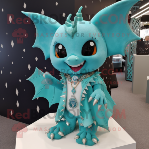 Turquoise Bat mascot costume character dressed with a Skirt and Necklaces
