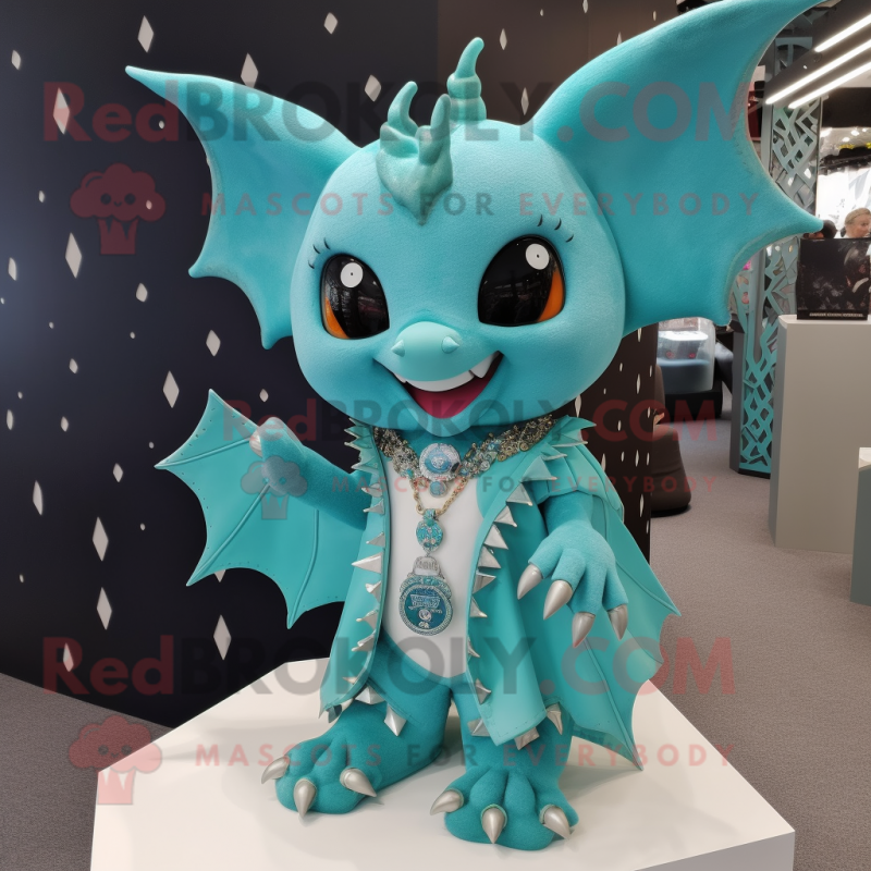 Turquoise Bat mascot costume character dressed with a Skirt and Necklaces Turquoise Bat mascot costume character dressed with a Skirt and Necklaces
