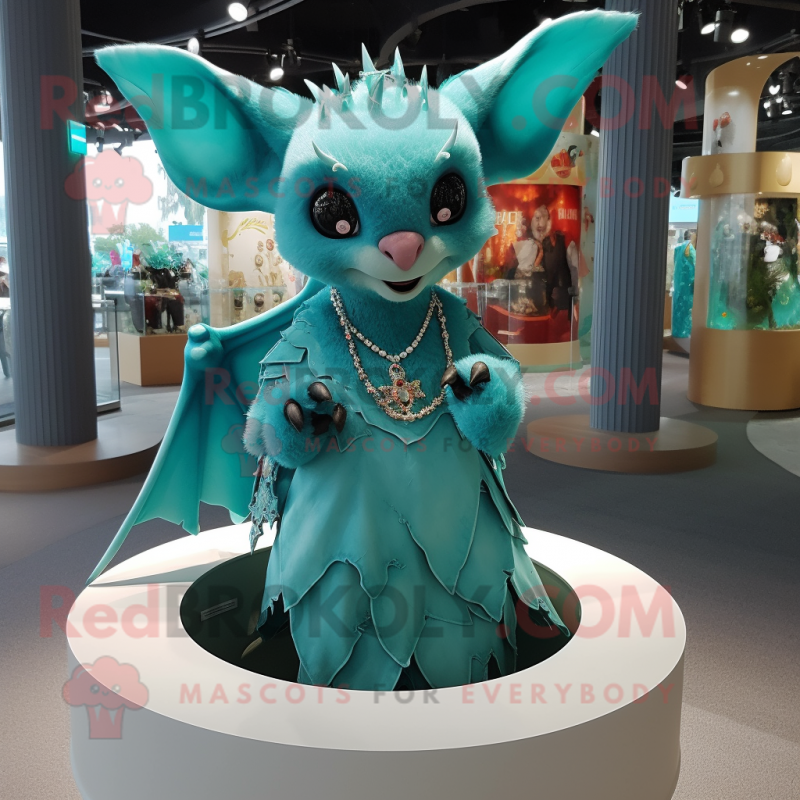 Turquoise Bat mascot costume character dressed with a Skirt and Necklaces