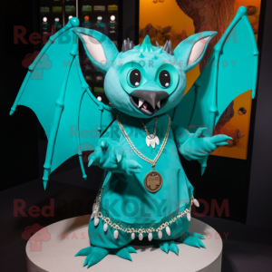 Turquoise Bat mascot costume character dressed with a Skirt and Necklaces
