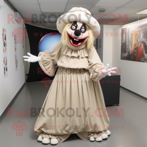 Beige Evil Clown mascot costume character dressed with a Maxi Skirt and Caps