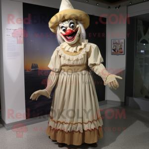 Beige Evil Clown mascot costume character dressed with a Maxi Skirt and Caps