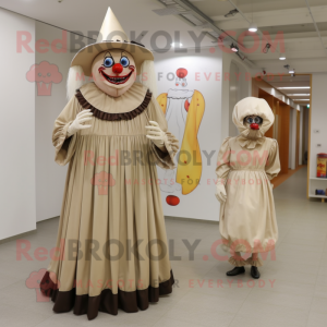 Beige Evil Clown mascot costume character dressed with a Maxi Skirt and Caps