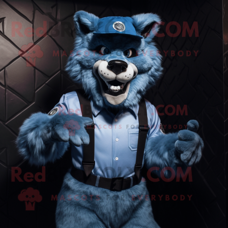 Blue Werewolf mascot costume character dressed with a Vest and Berets