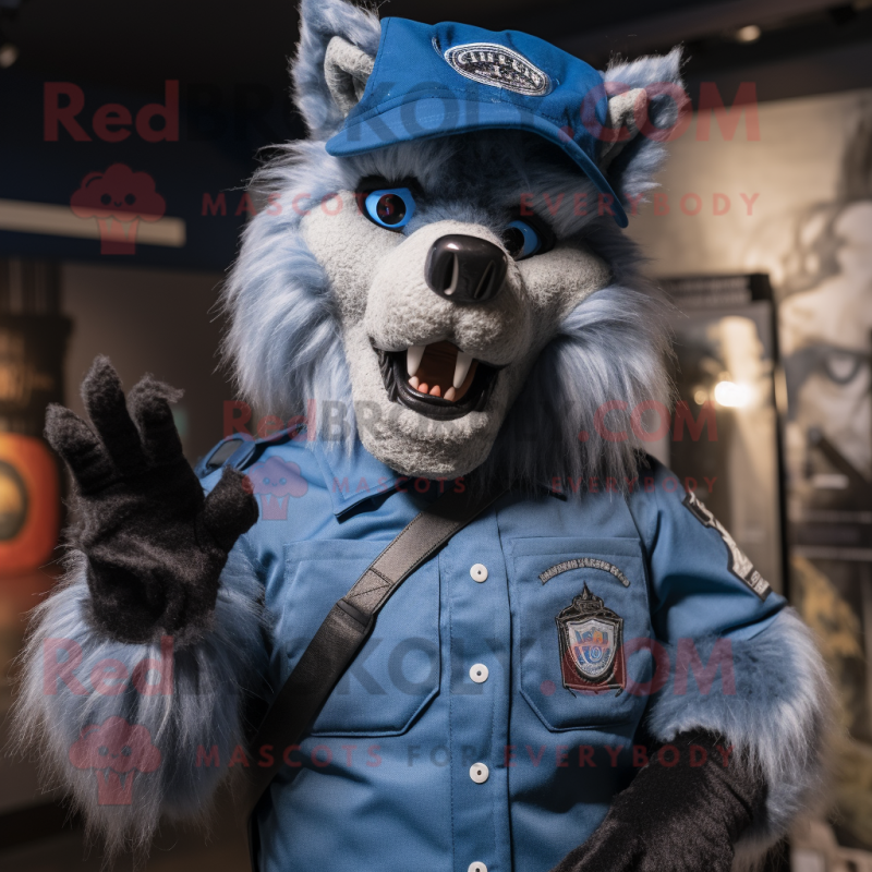 Blue Werewolf mascot costume character dressed with a Vest and Berets Blue Werewolf mascot costume character dressed with a Vest and Berets