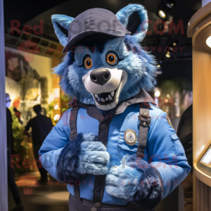 Blue Werewolf mascot costume character dressed with a Vest and Berets