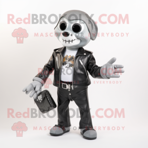 Silver Mime mascot costume character dressed with a Biker Jacket and Wallets