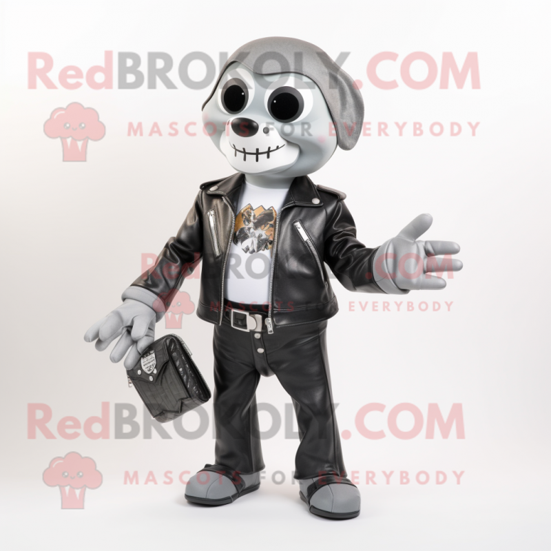 Silver Mime mascot costume character dressed with a Biker Jacket and Wallets Silver Mime mascot costume character dressed with a Biker Jacket and Wallets