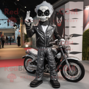 Silver Mime mascot costume character dressed with a Biker Jacket and Wallets