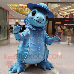 Sky Blue Ankylosaurus mascot costume character dressed with a Mini Skirt and Hats