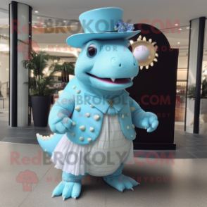 Sky Blue Ankylosaurus mascot costume character dressed with a Mini Skirt and Hats
