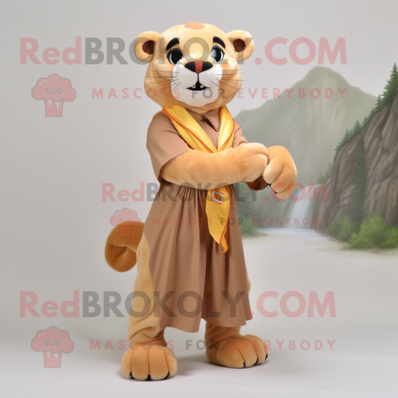 Peach Mountain Lion mascot costume character dressed with a Wrap Skirt and Ties Peach Mountain Lion mascot costume character dressed with a Wrap Skirt and Ties