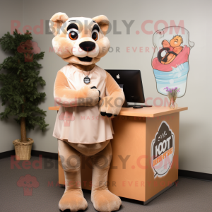 Peach Mountain Lion mascot costume character dressed with a Wrap Skirt and Ties