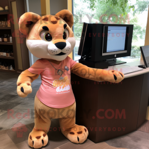 Peach Mountain Lion mascot costume character dressed with a Wrap Skirt and Ties