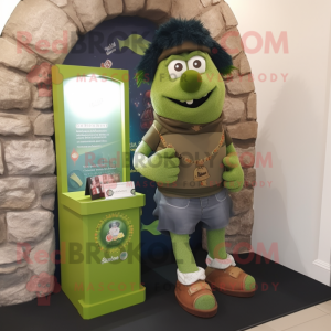 Olive Irish Castle mascot costume character dressed with a Denim Shorts and Bracelet watches