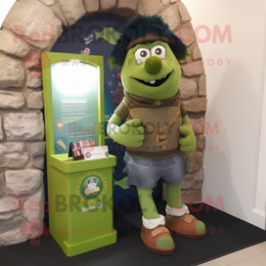 Olive Irish Castle mascot costume character dressed with a Denim Shorts and Bracelet watches