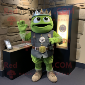 Olive Irish Castle mascot costume character dressed with a Denim Shorts and Bracelet watches