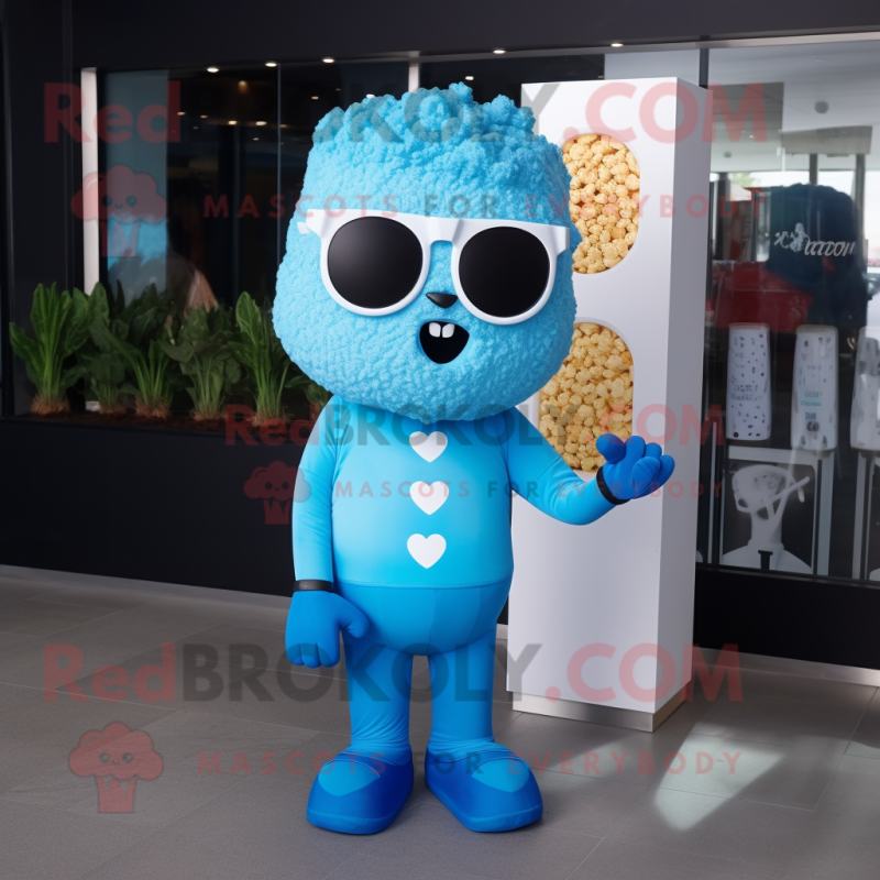 Sky Blue Pop Corn mascot costume character dressed with a Long Sleeve Tee and Sunglasses