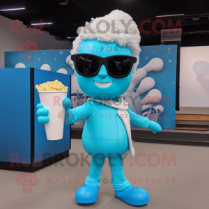 Sky Blue Pop Corn mascot costume character dressed with a Long Sleeve Tee and Sunglasses