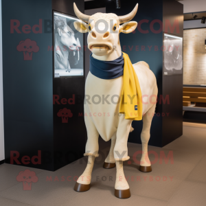 Cream Bull mascot costume character dressed with a Oxford Shirt and Scarves