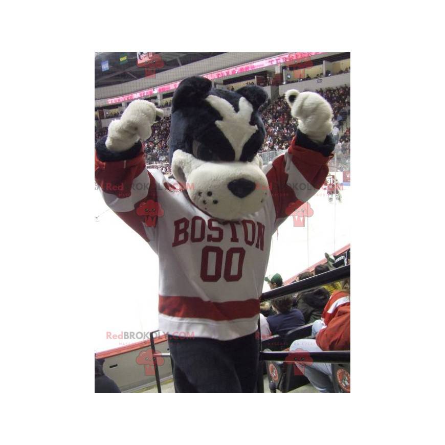 Černá a bílá psí maskot v červené a bílé oblečení - Černá a bílá psí maskot v červené a bílé oblečení -