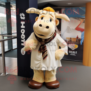 Cream Bull mascot costume character dressed with a Oxford Shirt and Scarves