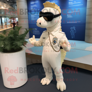 Cream Sea Horse mascot costume character dressed with a Romper and Sunglasses