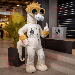 Cream Sea Horse mascot costume character dressed with a Romper and Sunglasses